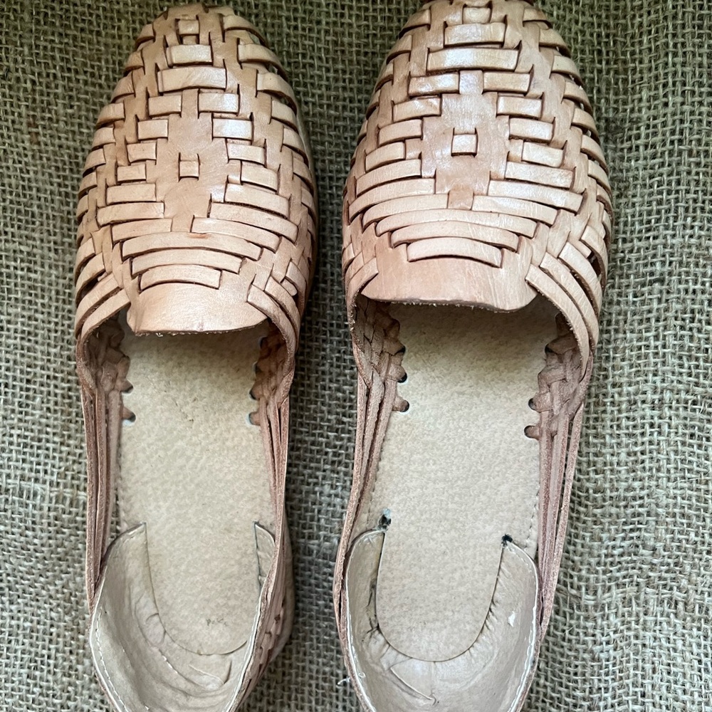 Woven Leather Huarache Flats in Light Tan